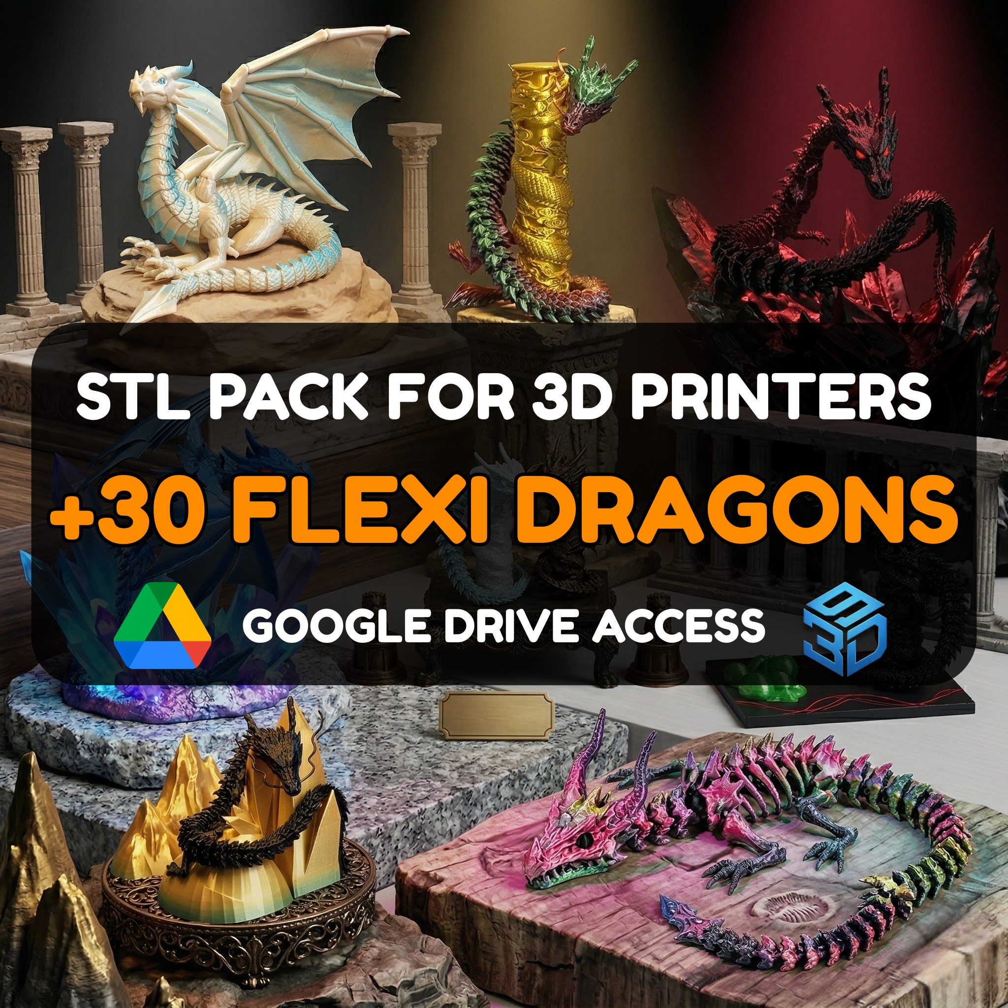 Flexi Dragon STL Pack – 30+ Print-in-Place Articulated Models For 3D Printers | Commercial License