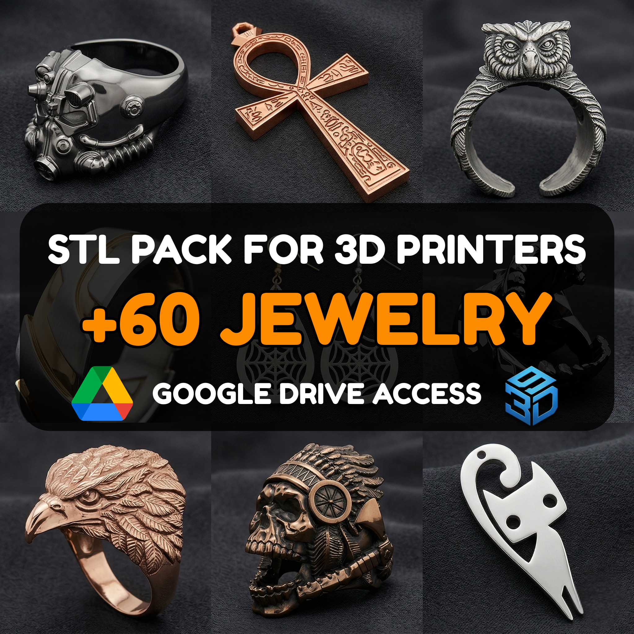 Jewelry STL Pack – 60+ Earrings, Rings & Necklace Models For 3D Printers | Commercial License